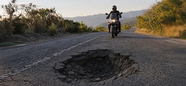 An image of someone driving a bike on the road with a huge pothole just ahead of them in the road.
