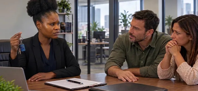An image of a legal professional sitting at a table with a couple and giving them bad news.