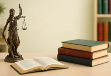 An image of a legal statue standing on a table with legal books