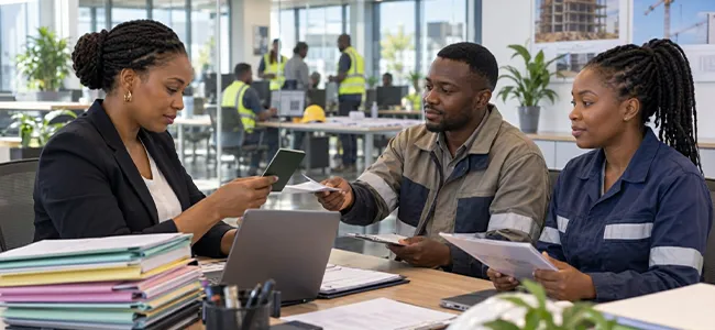 An image of a legal professional explaining something to 2 employees