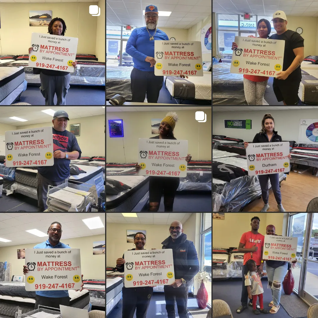 a collage of nine happy customer photos holding a mattress by appointment sign and giving a thumbs up