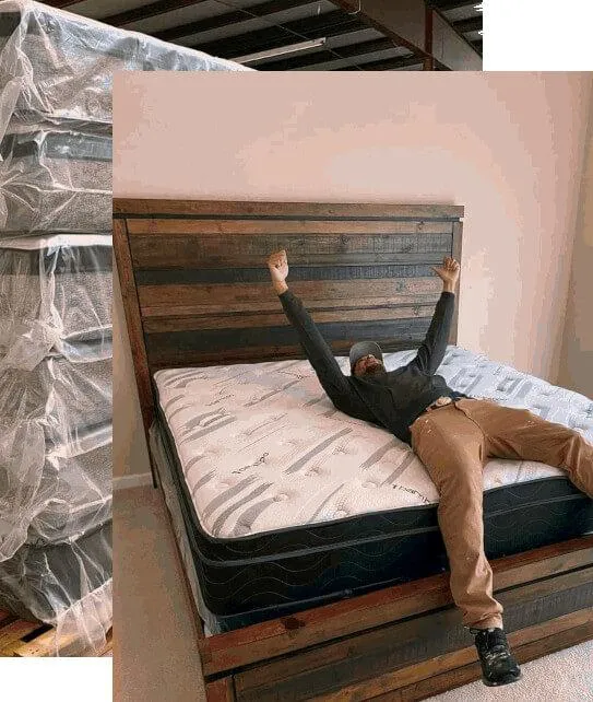 a customer laying on a mattress with their hands in the air in celebration of getting a new mattress