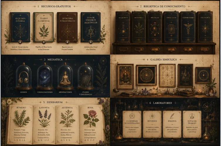 Estanterías ilustradas con tomos antiguos: Alquimia, Botánica, Metales, Oráculos, Hermetismo, Filosofía