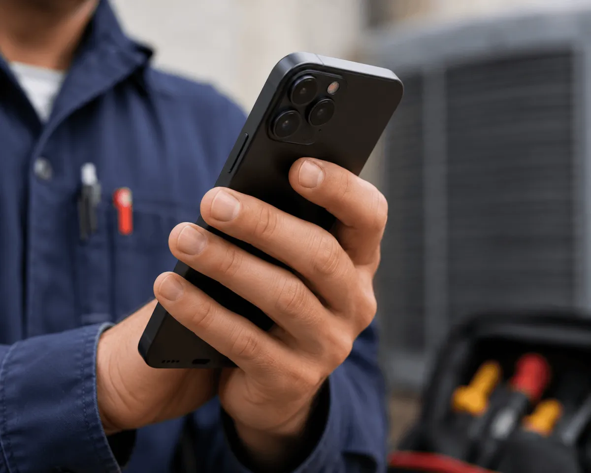 Close up of a tech on his phone with the AC and toolkit blurred in the background.