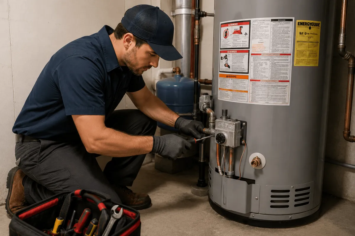 Medium shot of a tech working on a water heater in Grayslake, IL