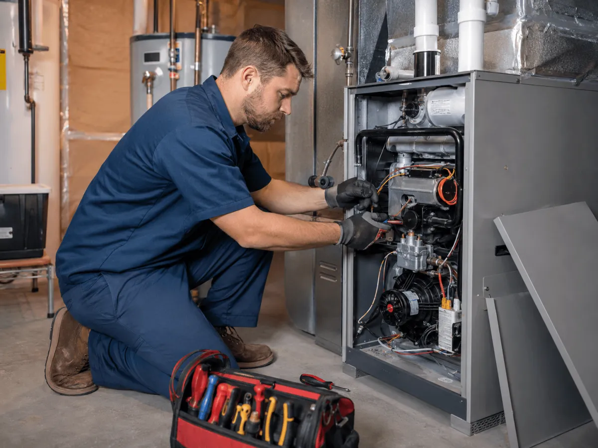 Medium shot of a tech working on the furnace repair in Grayslake, IL with a red toolkit next to him.