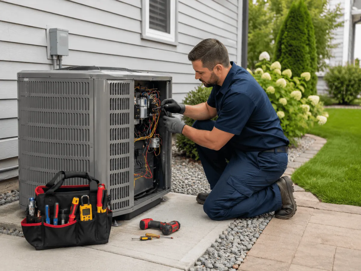 Medium shot of a tech working AC repair in Grayslake, IL with his toolbox next to the AC.