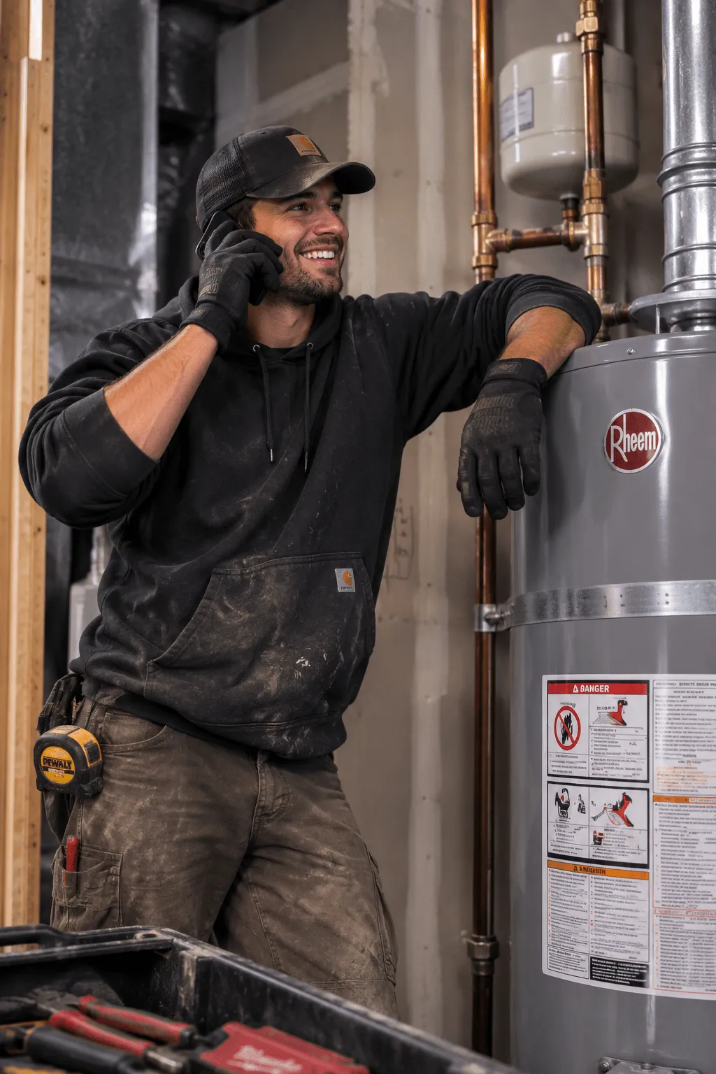 Medium shot of Joe from J M Heating & Cooling on the phone standing next to a water heater.