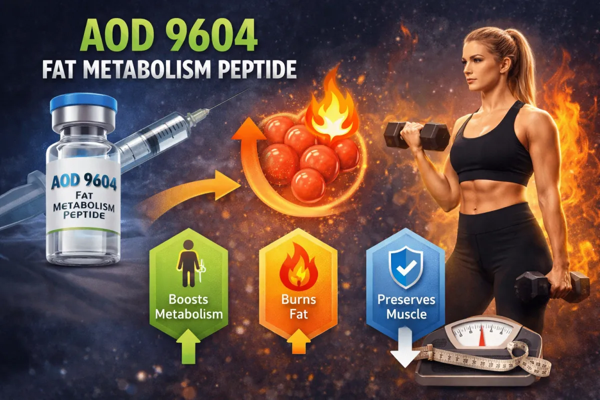 Client walking past barbells and turf while a coach explains AOD-9604 and fat metabolism.