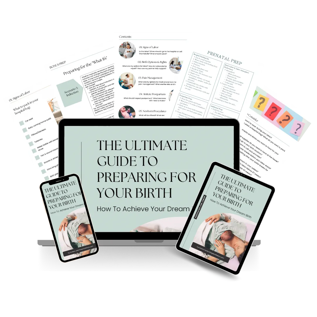 Preview of the birth guide PDF cover and sample pages on phone, tablet, and laptop