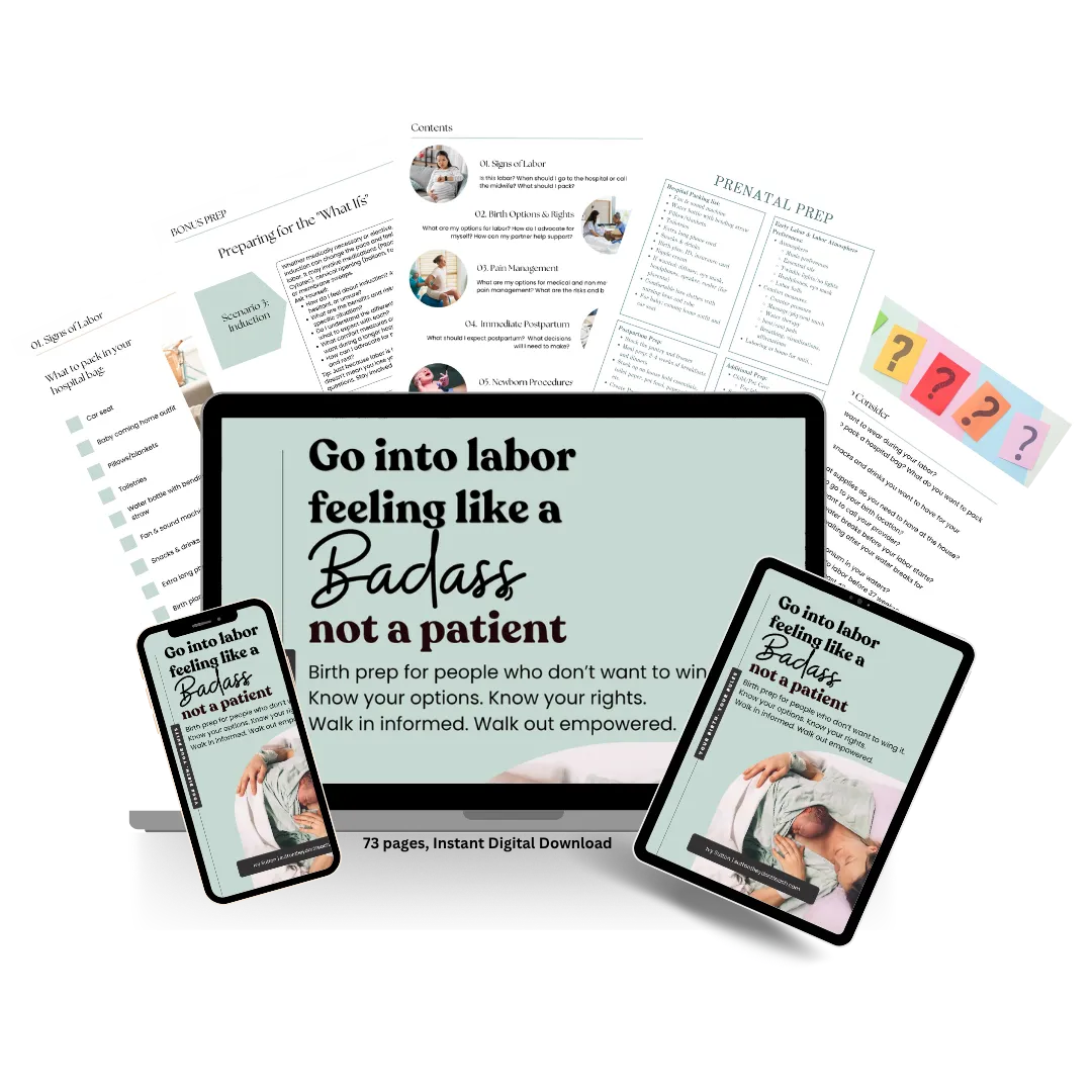 Preview of the birth guide PDF cover and sample pages on phone, tablet, and laptop