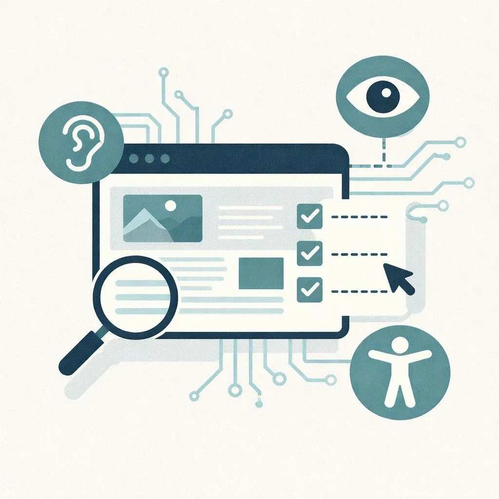 Illustration of a website accessibility audit showing a browser window being inspected with a magnifying glass, checklist items marked complete, and accessibility icons for vision, hearing, and mobility connected by subtle circuit lines.