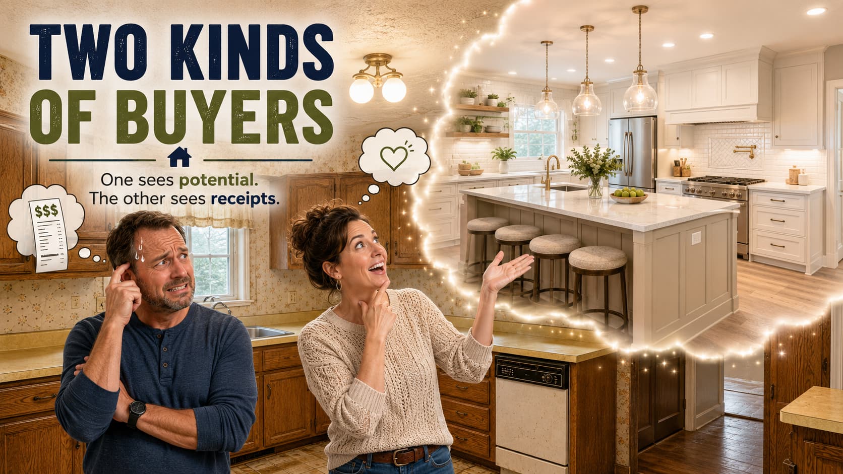 Couple standing in an outdated kitchen, with the wife imagining a modern remodel while the husband worries about renovation costs.