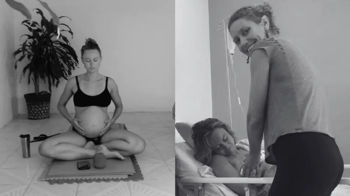 Image of a pregnant woman practicing yoga, symbolizing health and inner peace, accompanied by a doula offering post-birth support, with a focus on a newborn's care and a mother's well-being, illustrating the journey of going within for strength and balance