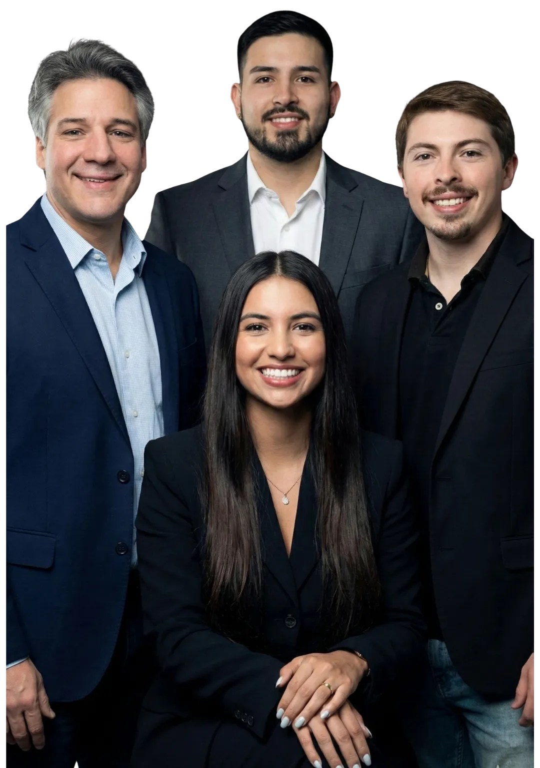 Confident bilingual broker holding vehicle keys beside a late-model sedan in a bright auction lot.