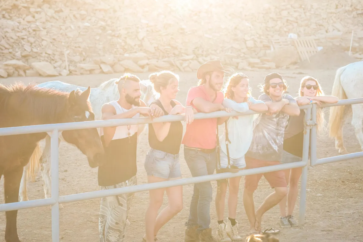 Group of peers leaning against a fence with horses walking among them