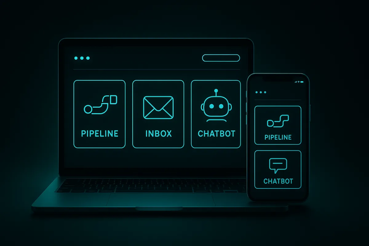 Aperçu de la plateforme Harmonia : pipeline, inbox et chatbot.