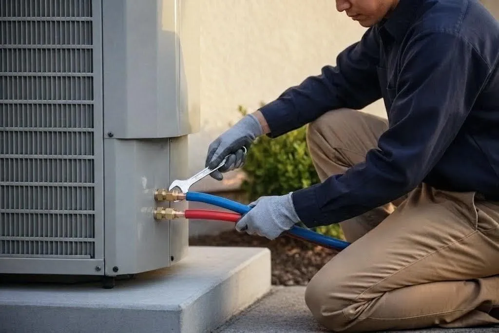 Photorealistic 3:2 photograph at golden hour of an HVAC installer kneeling between an outdoor condenser unit mounted on a pad and an exterior house wall. Installer wears a navy long-sleeve shirt, tan/khaki trousers, and gray work gloves; clothing is clean. Two insulated refrigerant lines — one red, one blue — each connect to their own separate flare fittings (no T-junctions). One fitting is the active work point: one hand grips the insulated tubing directly behind the connection and the other hand holds a single open-end spanner with jaws flat on the flare nut in turning position; the other fitting is connected and untouched. No extra pipes or tools are visible.