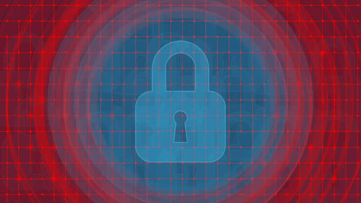 A blue padlock over a blue data background that fades to red at the edges.