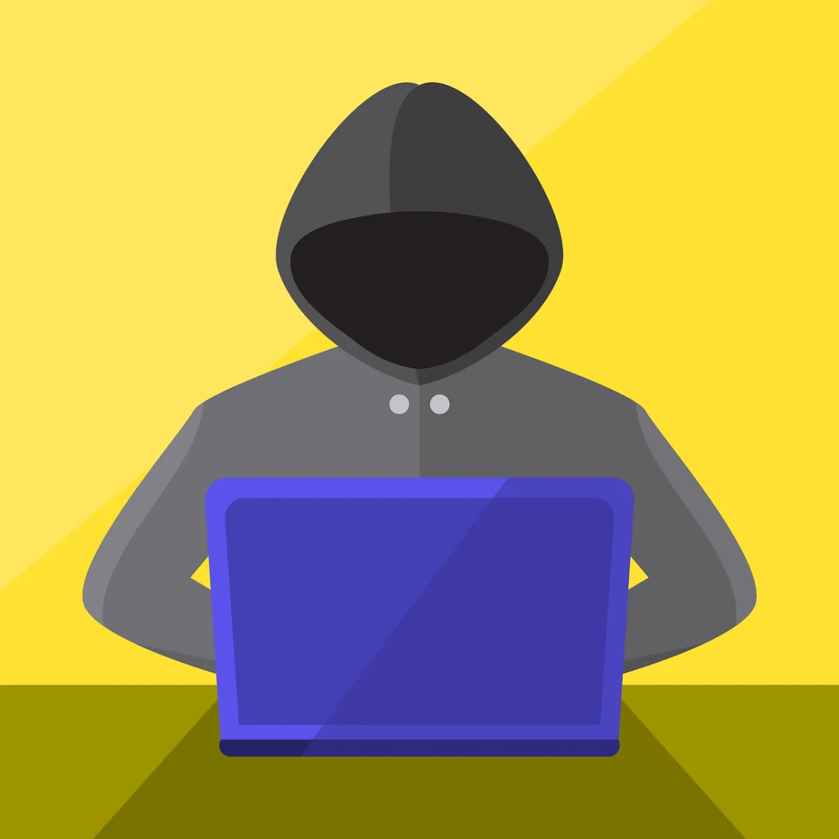A graphic of a hooded person at a laptop