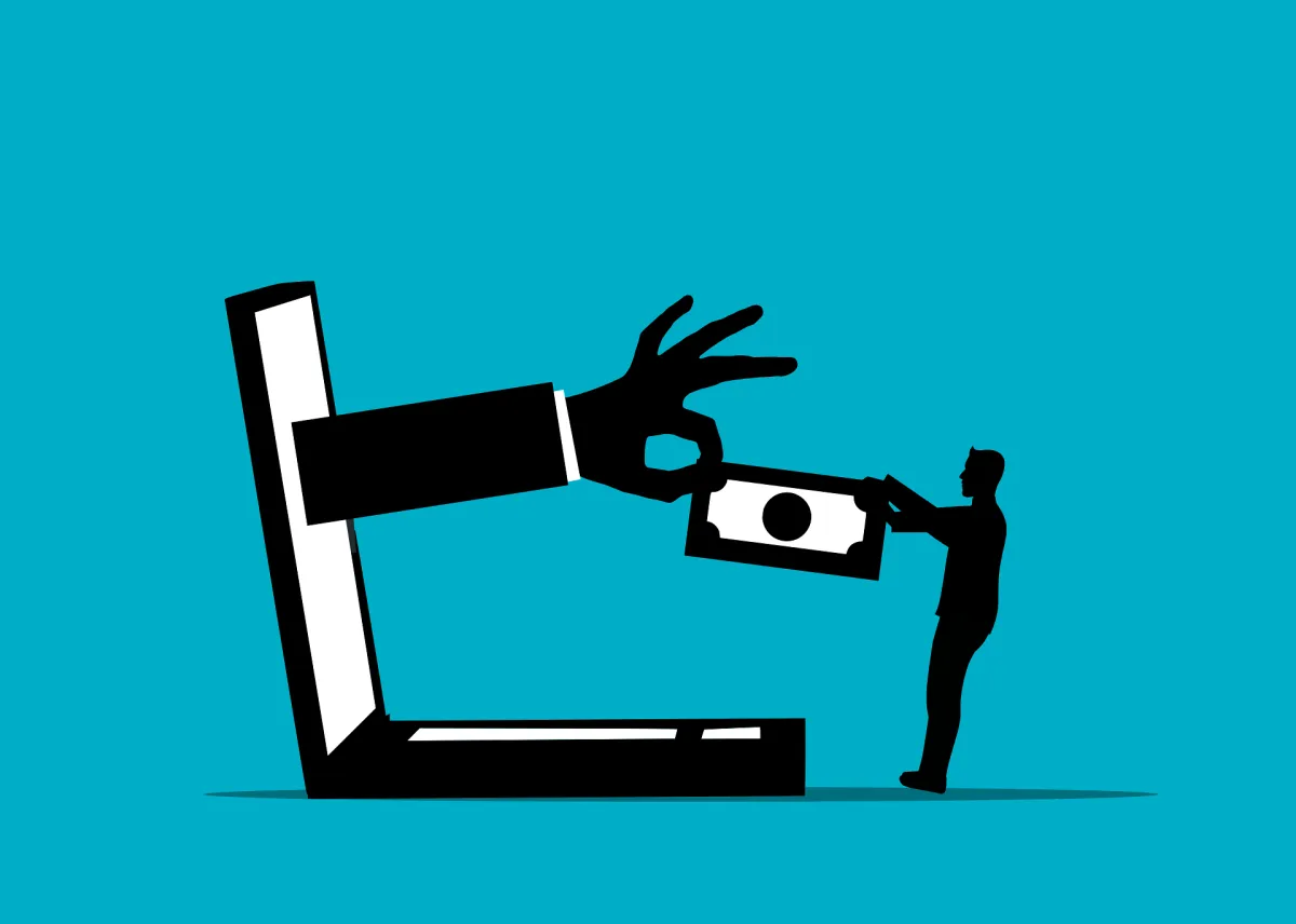 Graphic of a hand reaching through a laptop screen and stealing money from a person.