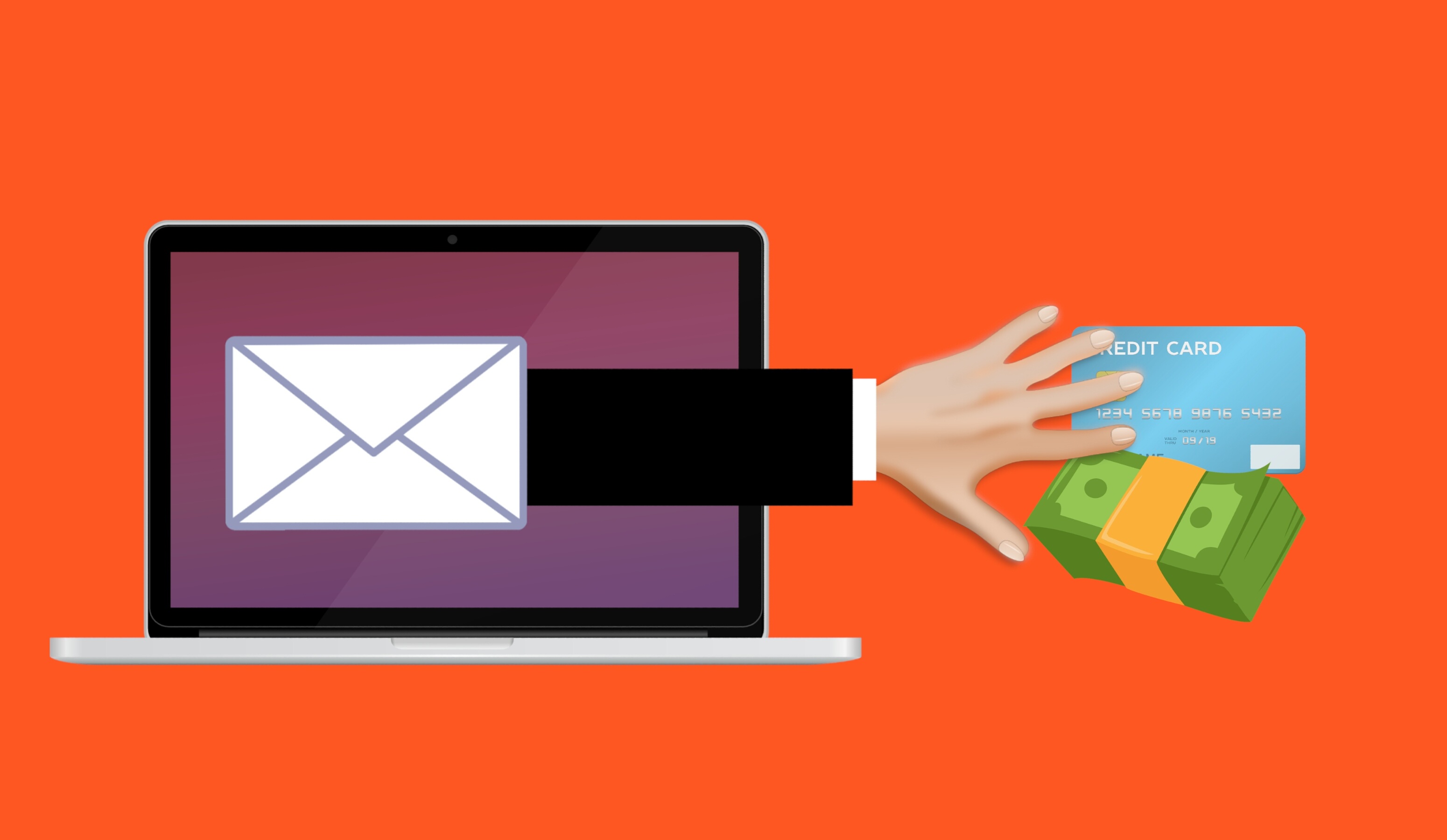 A graphic of a hand reaching out of an email on a laptop and taking money.