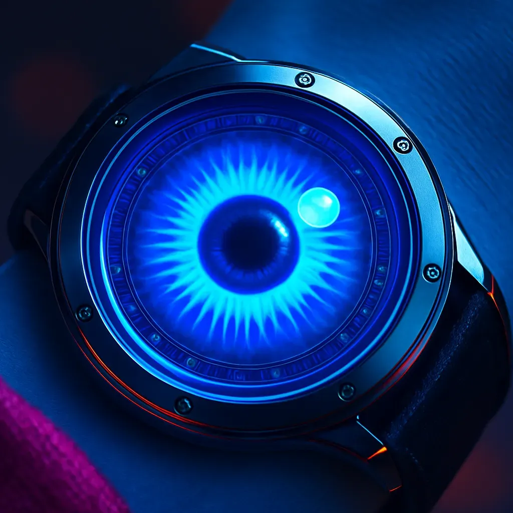 Close-up of a futuristic wearable device on a wrist, featuring a glowing blue circular display resembling an illuminated iris, surrounded by a metallic casing.