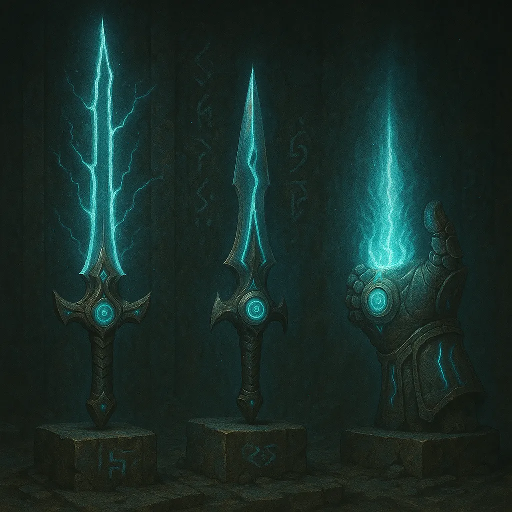 Three glowing blue fantasy weapons displayed on stone pedestals, including two rune-etched swords and a gauntlet holding a blade of energy in a dark, mystical setting.