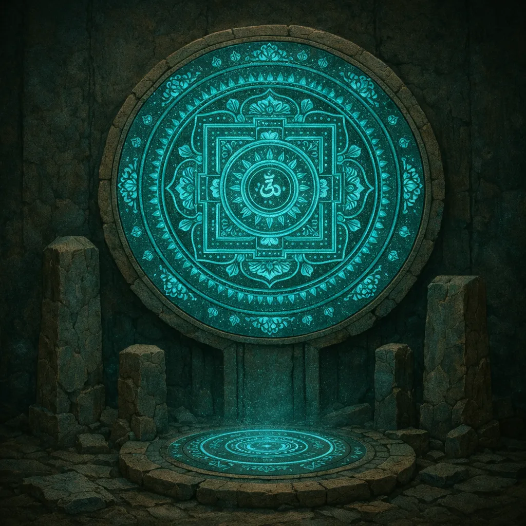 Glowing turquoise Tibetan mandala carved into an ancient stone wall above a matching rune lit platform in a dark temple chamber.
