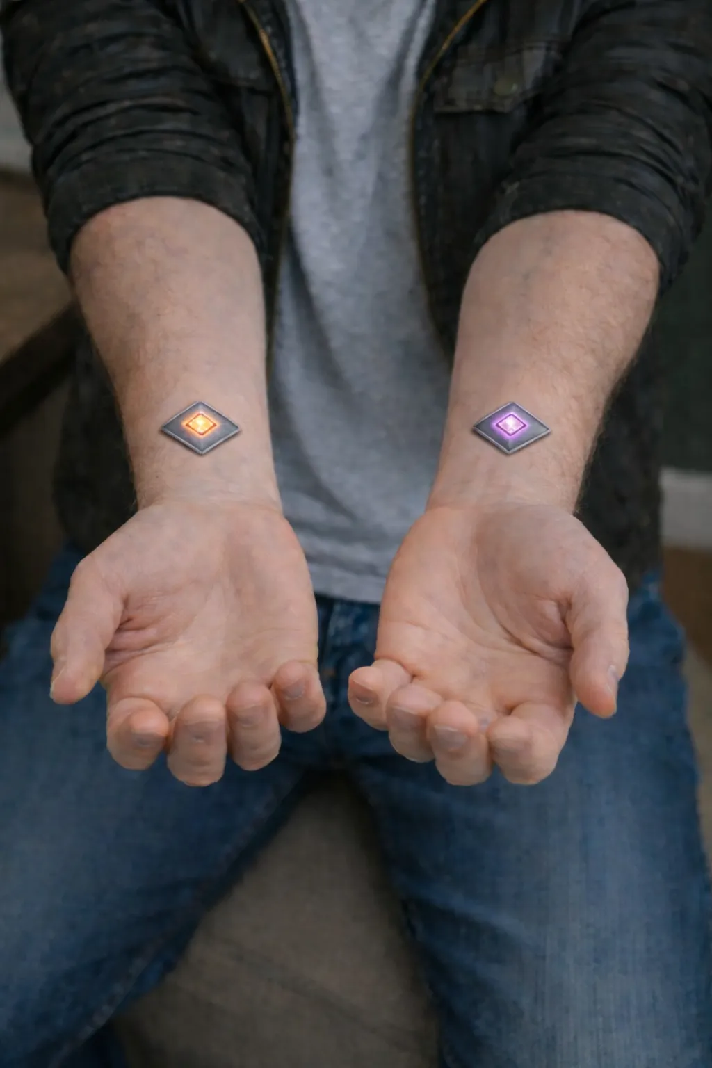 Man’s open palms with small glowing diamond wrist implants,orange left, purple right.