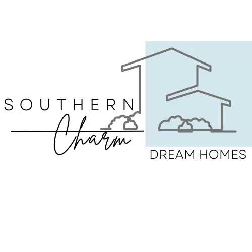 The logo features the text "Southern Charm" in a combination of bold and script-style fonts, alongside the words "Dream Homes" in a clean, modern typeface. To the right, there is an illustration of two minimalist house outlines, with a light blue square background. The design conveys elegance and professionalism, ideal for a real estate brand focused on stylish and inviting homes.