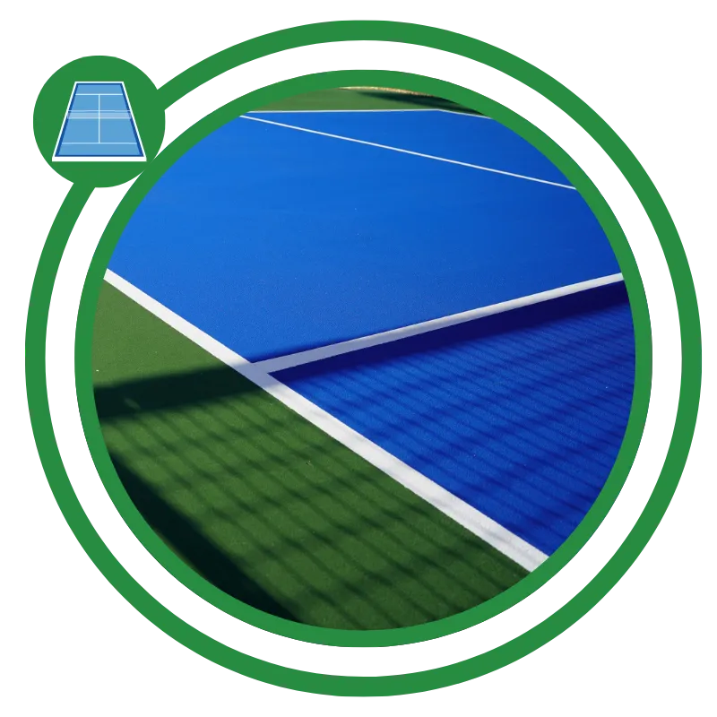 Court surface coating renewal on a worn tennis court