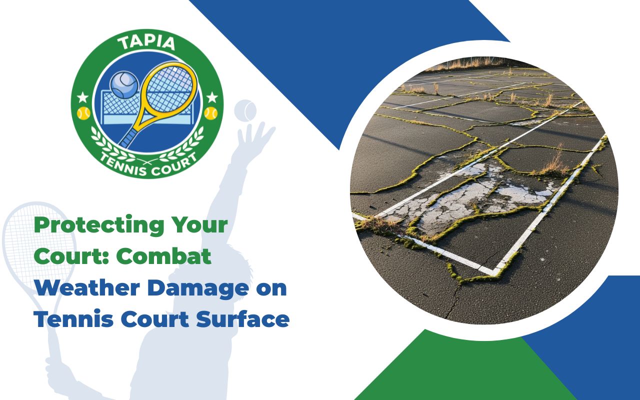 Weather damage tennis court surface with visible cracks and worn color