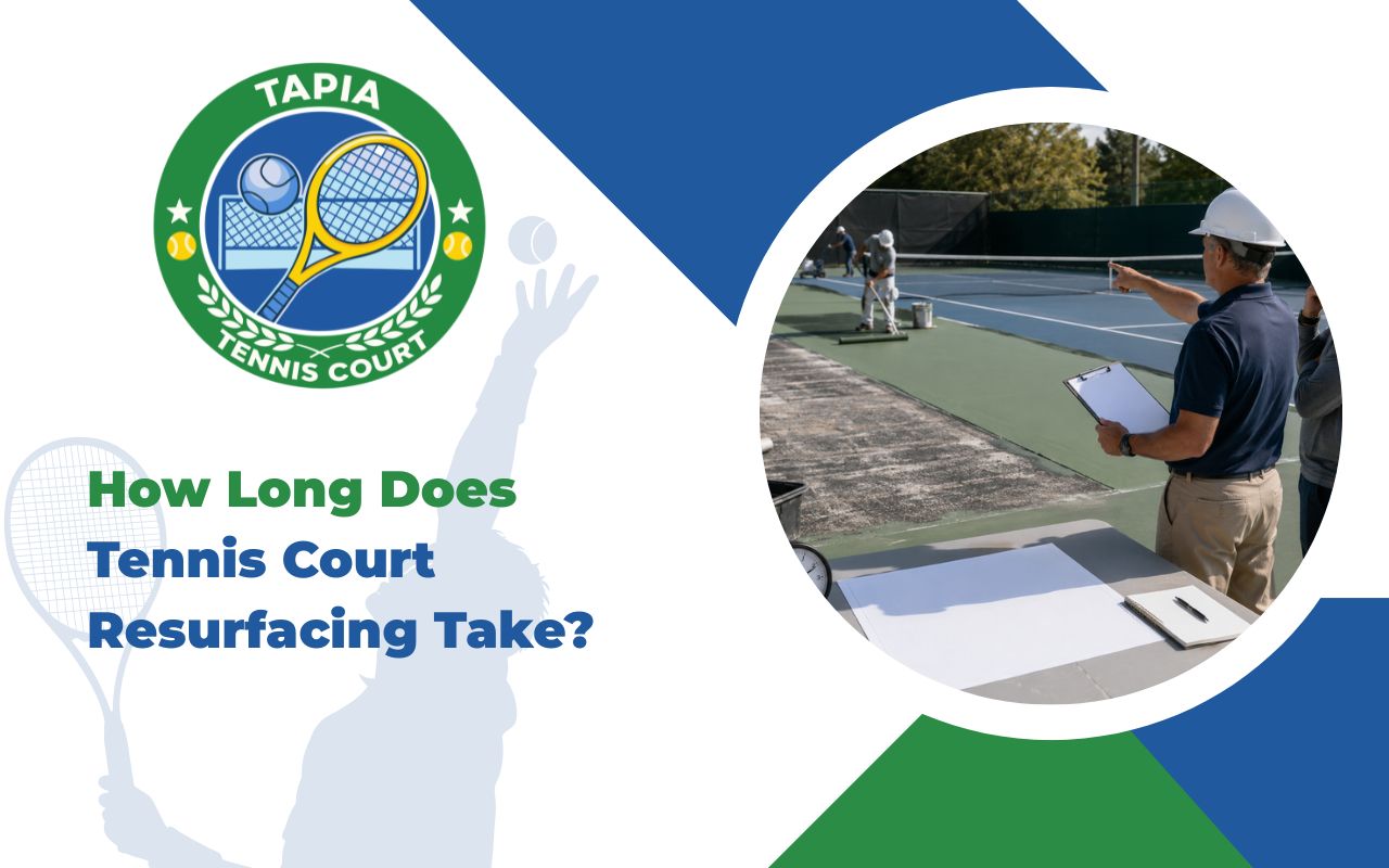 Tennis court resurfacing process showing surface preparation and coating
