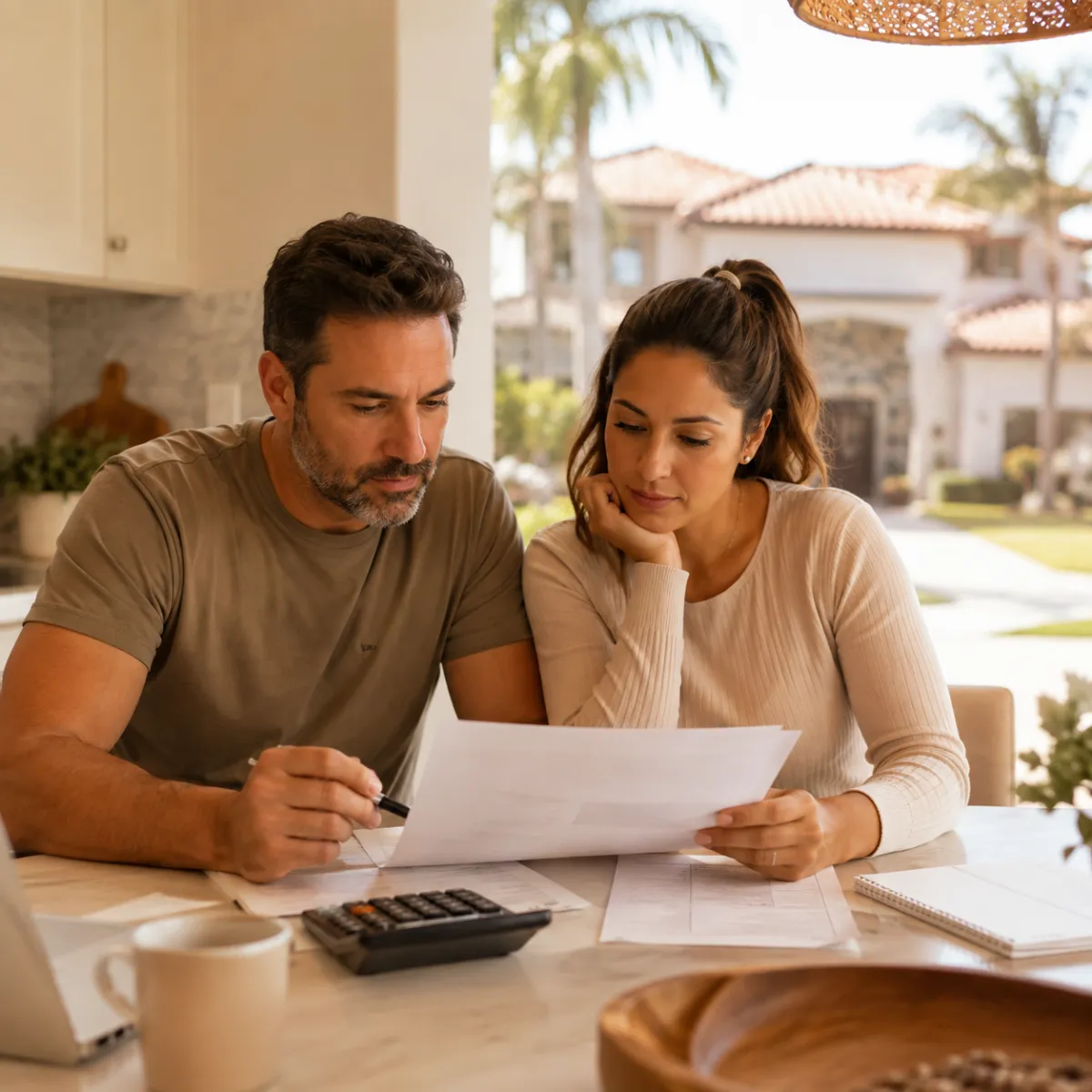 Casal analisando documentos de financiamento imobiliário na Flórida