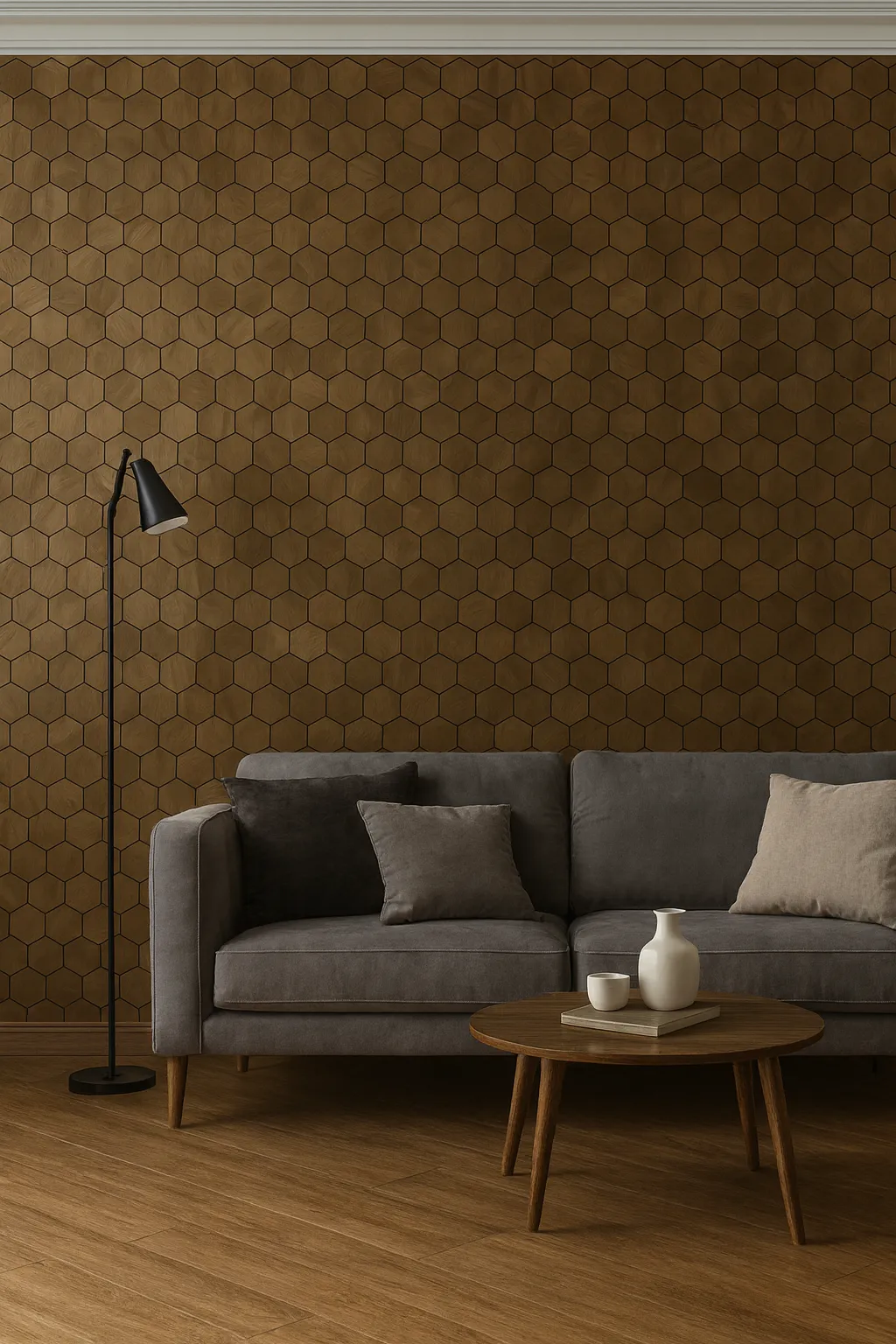 Living room with an EmotionWood hexagon feature wall