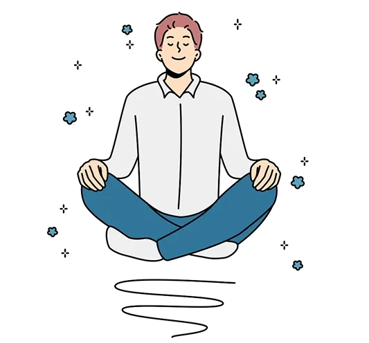 Ilustrācija ar mierīgi meditējošu cilvēku, kas simbolizē stresa pārvaldību un iekšējā miera saglabāšanu sarežģītās situācijās.