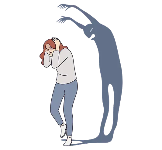 Ilustrācija ar satrauktu sievieti, kurai aiz muguras draudīga ēna, simbolizējot emocionālu spiedienu un pašapziņas graušanu.