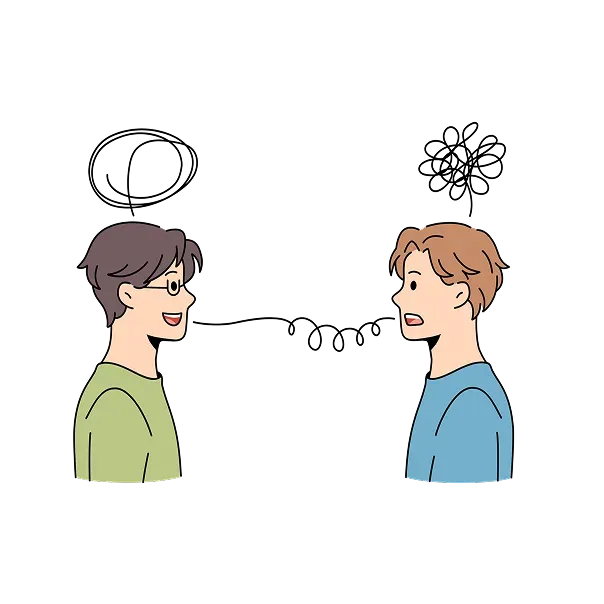 Ilustrācija ar diviem cilvēkiem sarunā, kur viens runā skaidri, bet otram domas ir haotiskas, simbolizējot komunikācijas izaicinājumus un sapratnes trūkumu.