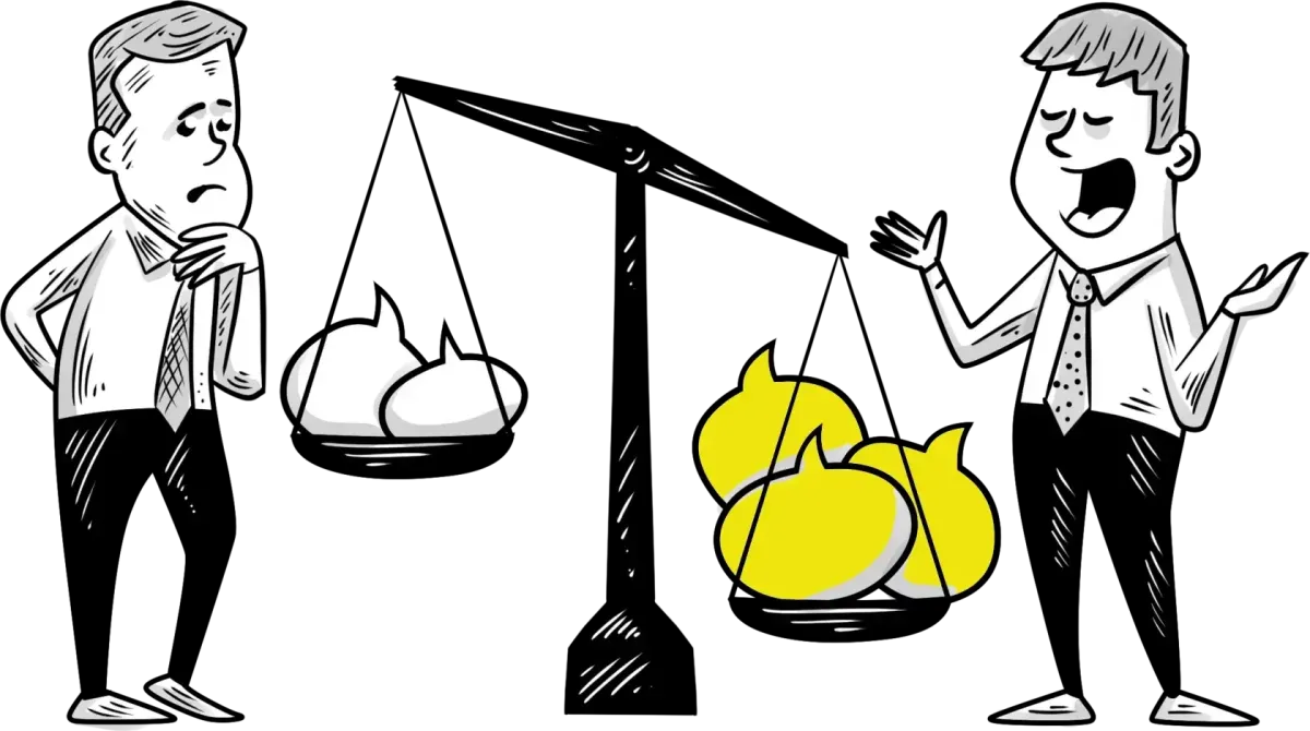 Ilustrācija ar diviem cilvēkiem pie svariem, kur vienā pusē ir mazāk, bet otrā vairāk, simbolizējot ietekmīgas komunikācijas spēju panākt sev vēlamo rezultātu.