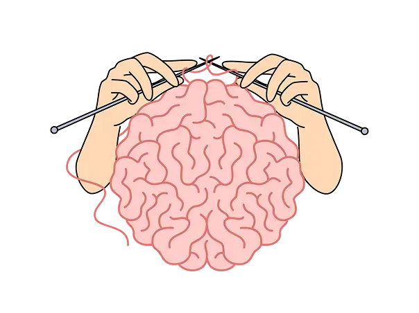 Ilustrācija ar rokām, kas ar adāmadatām manipulē ar smadzenēm, simbolizējot apzinātu darbu ar prātu un domāšanas procesu izpratni.