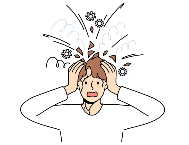 Ilustrācija ar cilvēku, kurš tur galvu starp rokām, kamēr virs tās haotiski simboli attēlo mentālu pārslodzi un iekšējos blokus.