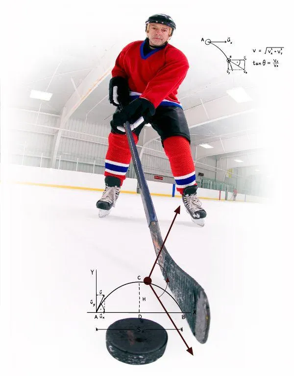 sports vision training hockey player in red uniform with physics equations 