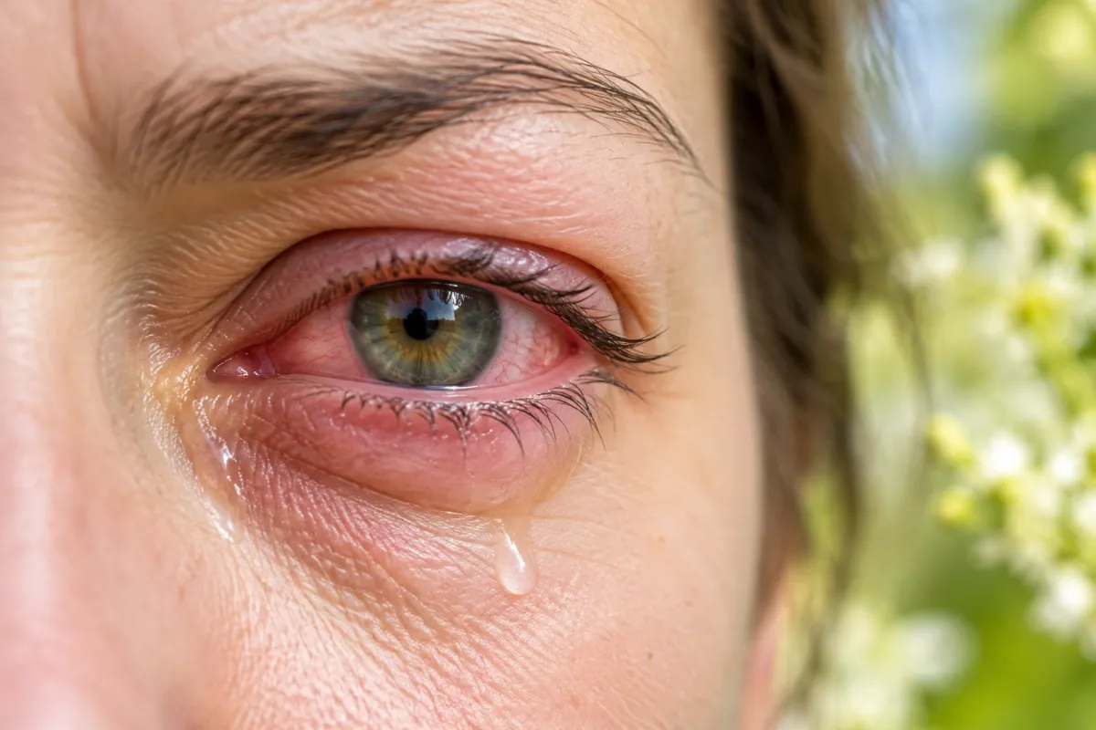 Close-up of a red, watery, irritated eye representing seasonal allergies, pollen sensitivity, and the Germanic Healing Knowledge perspective on biological tracks.