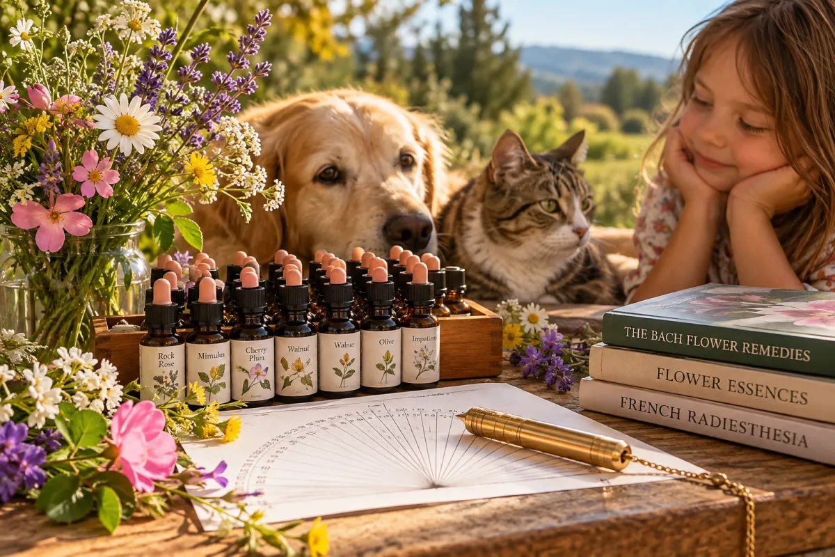 lower essences, wildflowers, a French Radiesthesia pendulum and chart arranged outdoors with a child, dog and cat, representing personal wavelength work for emotional and energetic support.