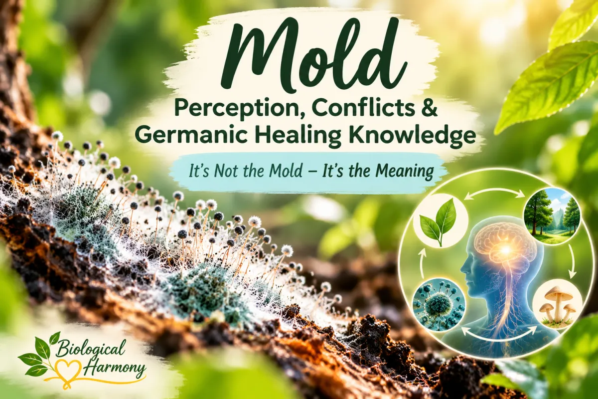 Natural mold growing on forest wood with a mind-body illustration, representing mold, perception, biological conflicts, and Germanic Healing Knowledge.