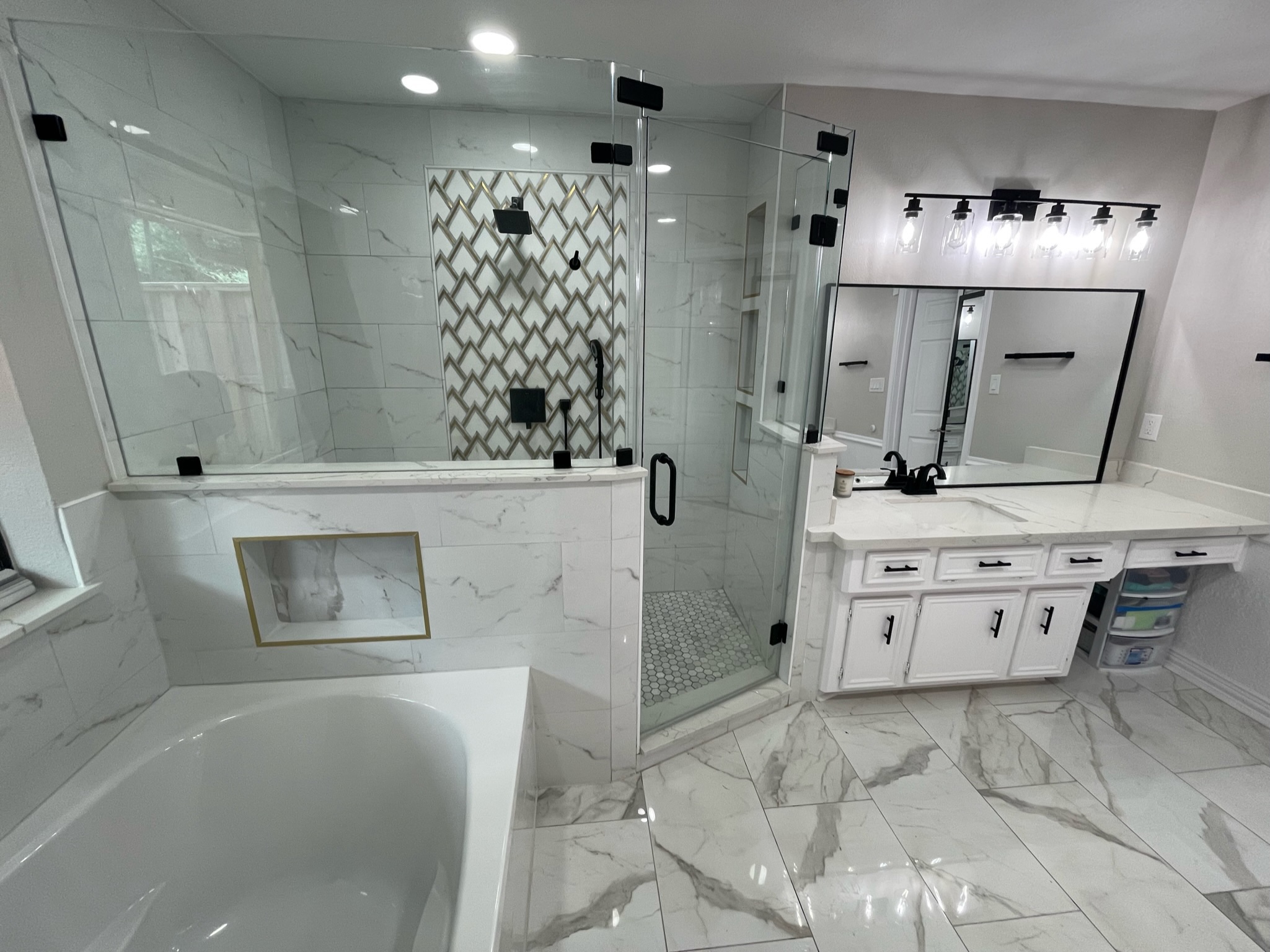 Double sink white vanity bathroom remodel in Spring