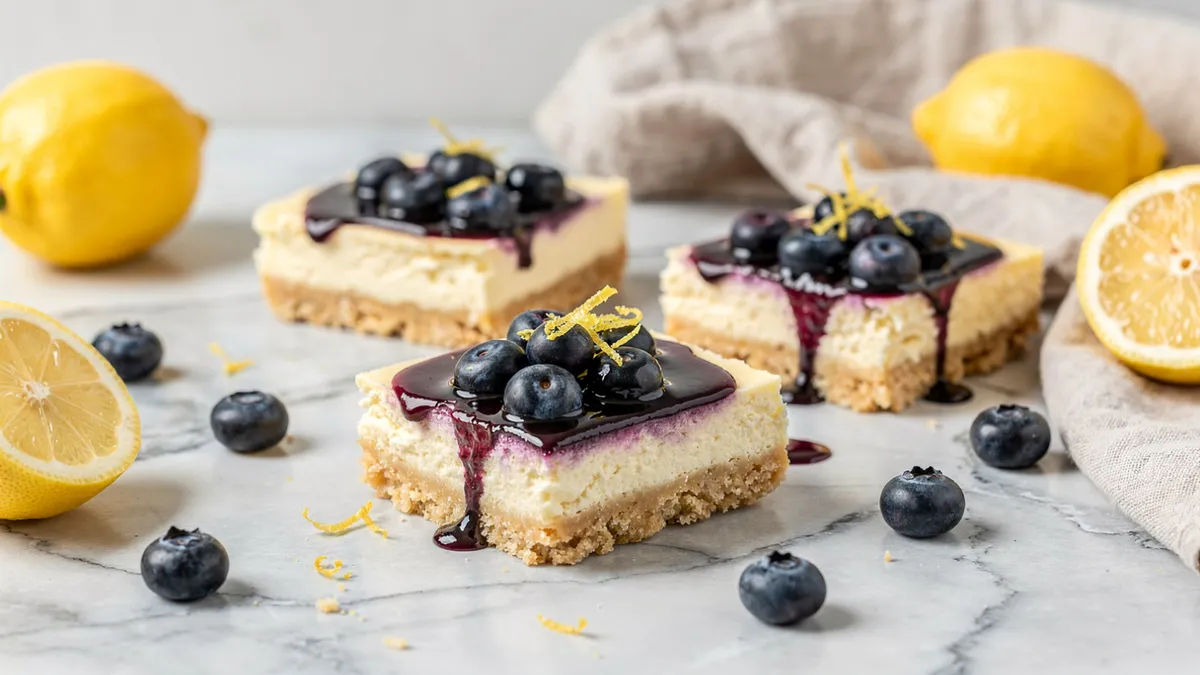 Keto Lemon Cheesecake Bars with Blueberry Sauce | Low Carb Recipe