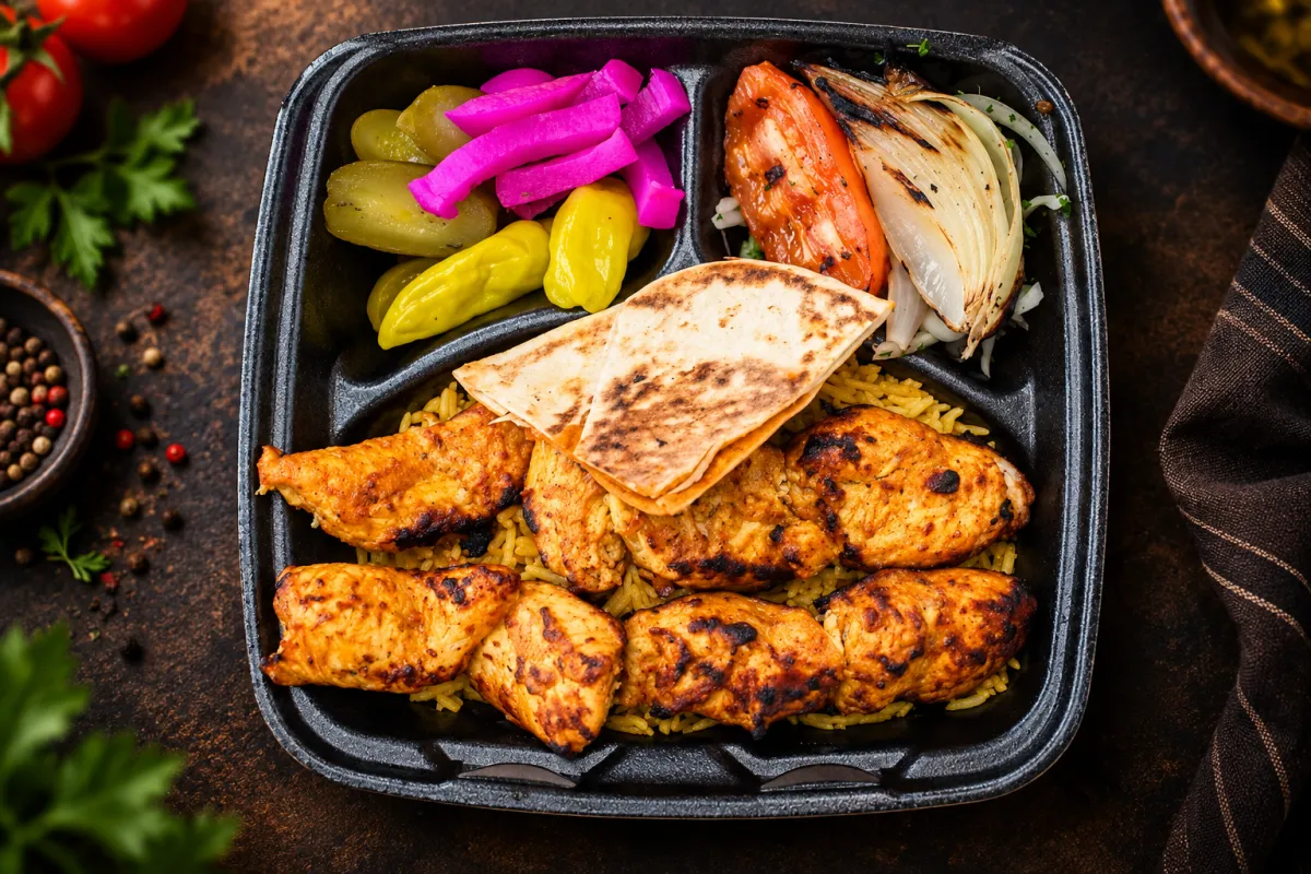 Chicken Shish Tawouk plate with garlic sauce and grilled vegetables