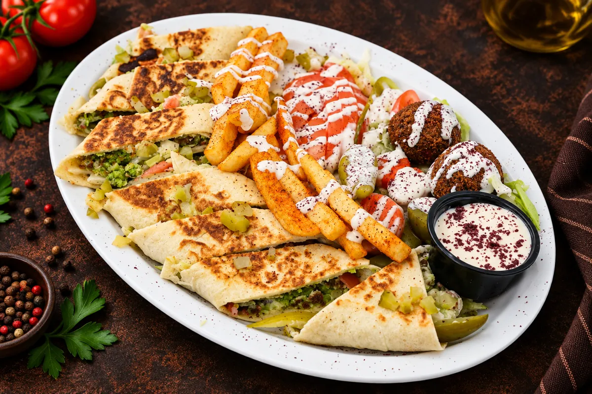 Falafel Arabi plate cut in pieces with pickles, tahini and fries